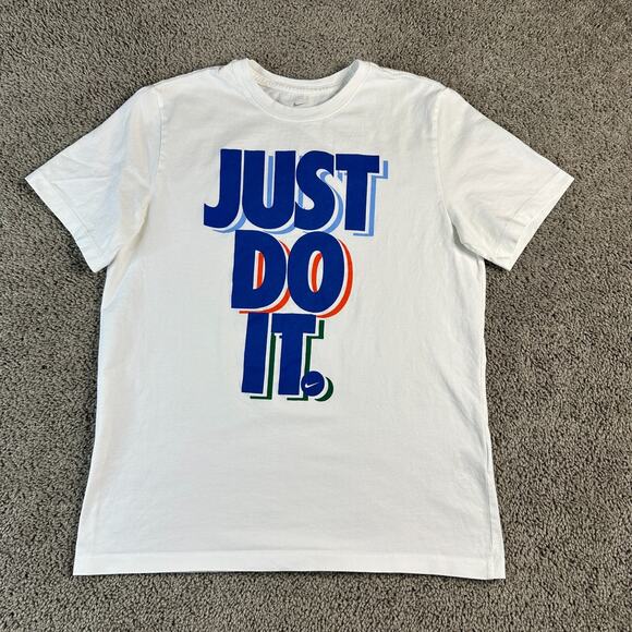 Nike Just Do It Shirt Mens Large White Blue Big Print JDI Swoosh Short Sleeve - Picture 1 of 8
